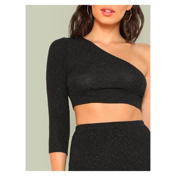 Black Glitter One Shoulder Crop Top Skirt Set - Picture 4 of 5